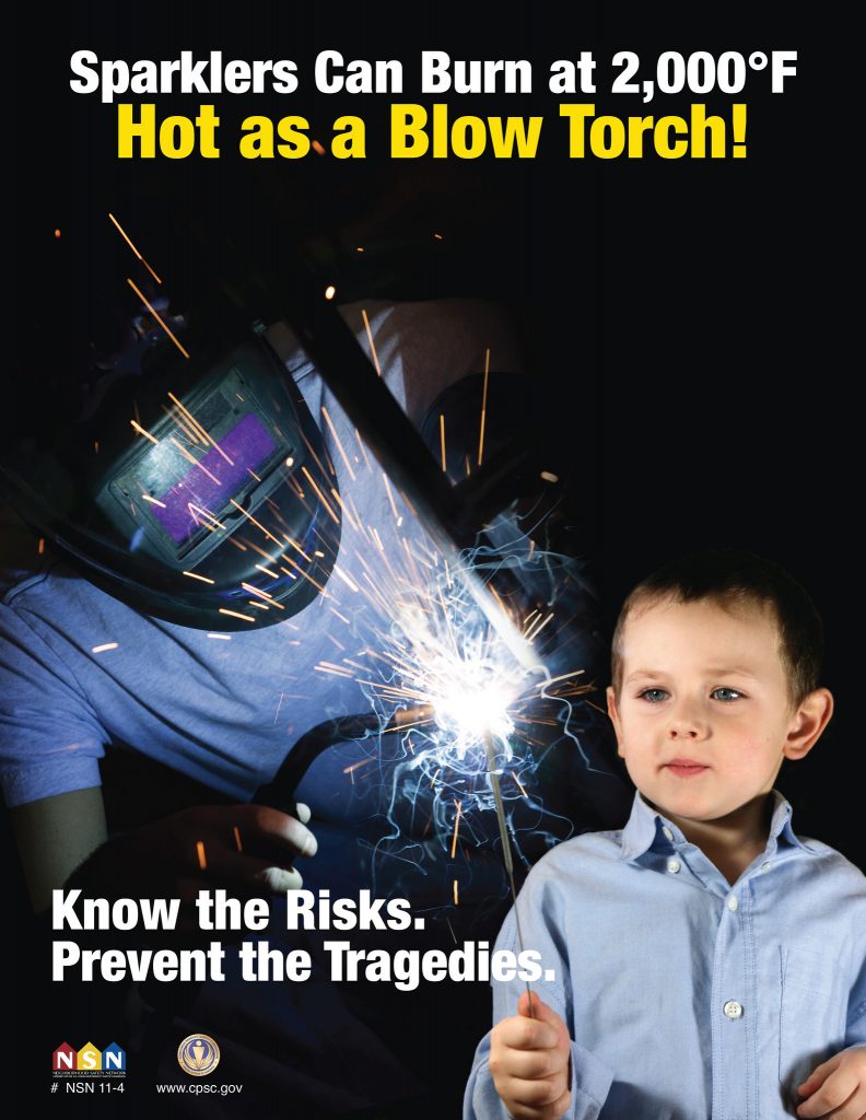 Poster shows a boy with a sparker and a person using a blow torch and text reads "Sparklers can burn at 2,000 degrees Fahrenheit - hot as a blow torch. Know the risks. Prevent the tragedies.