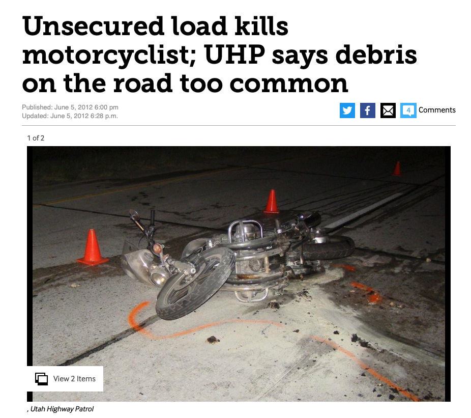 Headline from an article about a fatal debris related crash