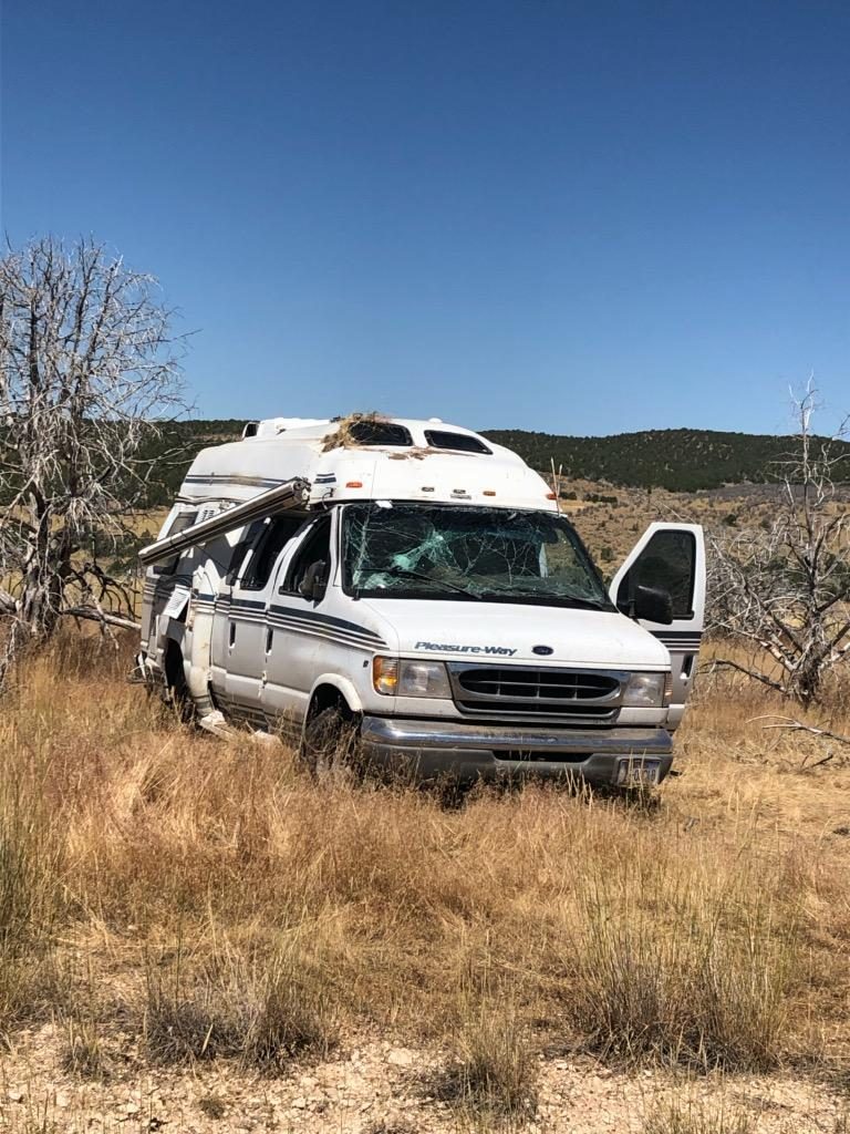 Close up photo of crashed van near Holden, Utah.