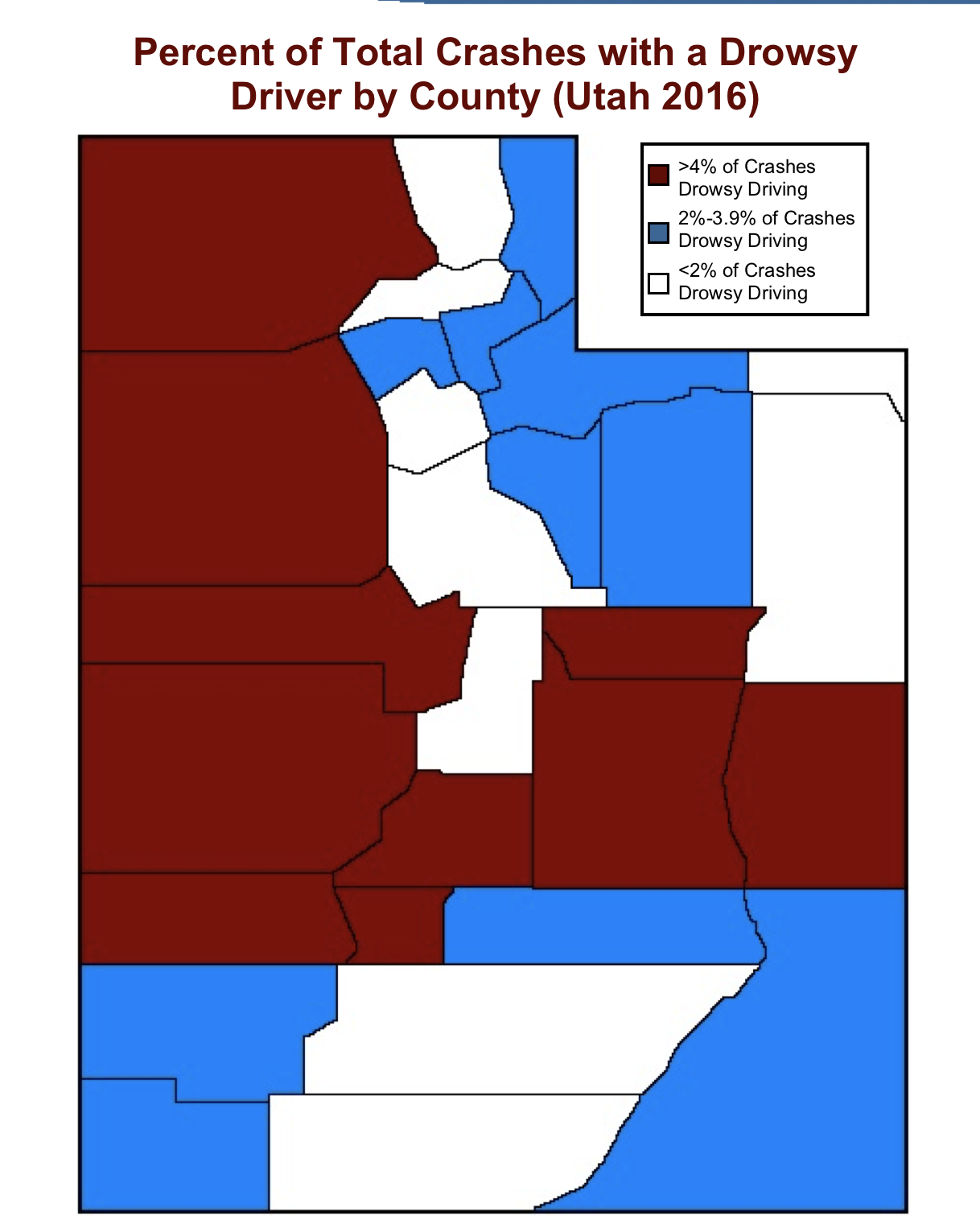 Map of Utah shows the % total crashes with a drowsy driver by county in Utah in 2016. Juab and Emery Counties had the highest percent of crashes involving drowsy drivers.  Rural crashes were 2.3 times more likely to involve a drowsy driver than urban crashes.