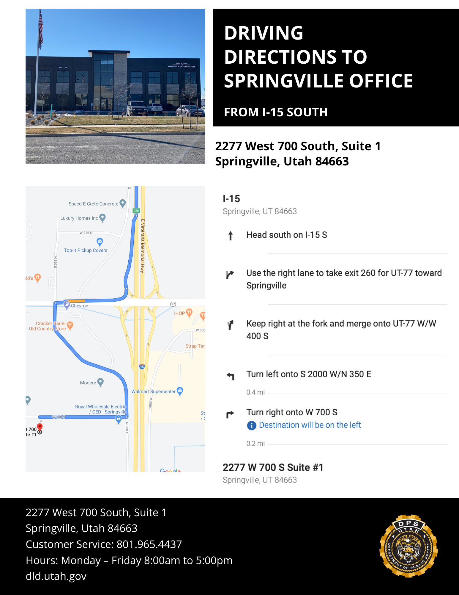 Springville Driver License Division Office Directions and Information