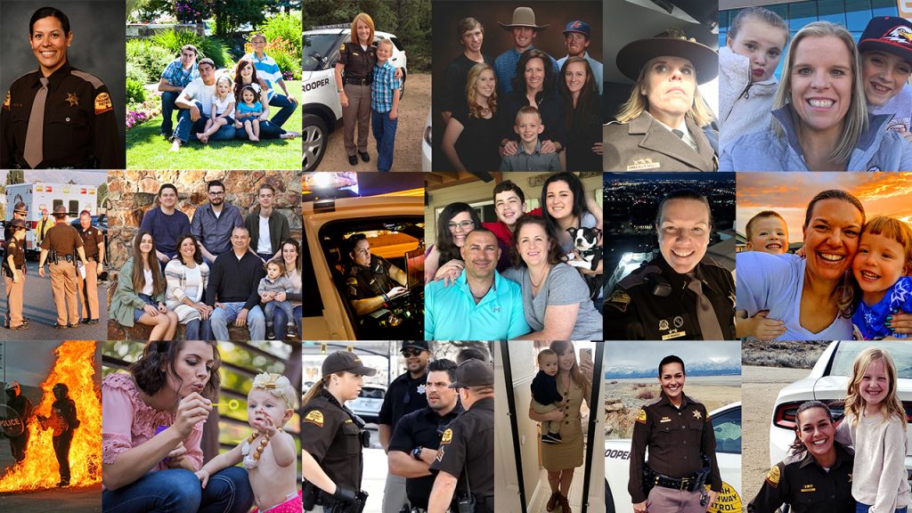 Nine pictures show female troopers performing their jobs and then posing for pictures with their families.