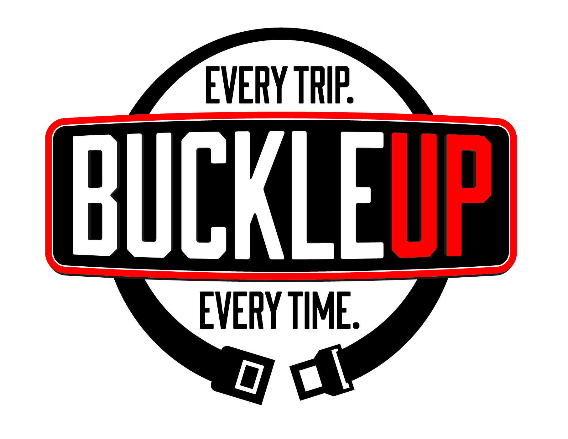 Image shows an animated seat belt wrapping around text that reads Buckle Up every trip every time.
