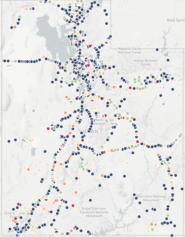 Map shows locations of drowsy driving crashes in Utah 2015-2019.