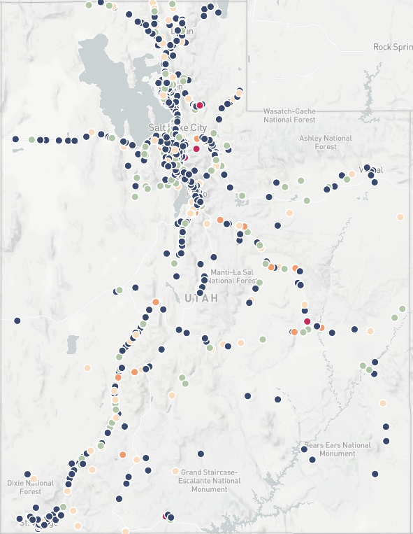 Map shows dots where drowsy driving crashes happened in Utah.