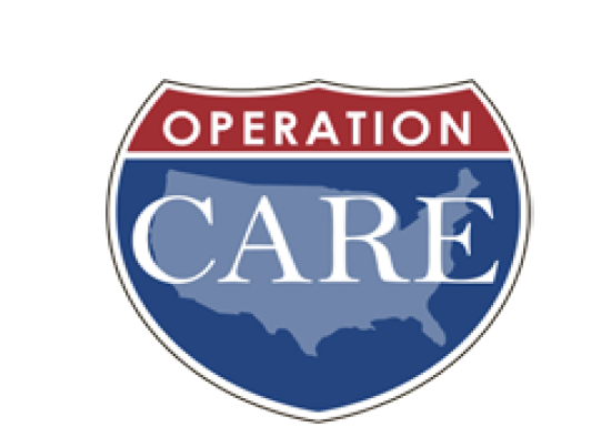 Image is of Operation CARE logo which is shaped like a shield and has a red bar at the top with the word Operation in it and blue at the bottom with the word CARE in it.